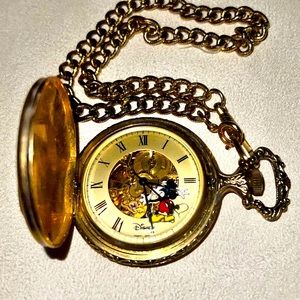 MICKEY MOUSE POCKET WATCH DISNEY MAJESTIC SWISS MOVEMENT SKELETON GOLD TONE